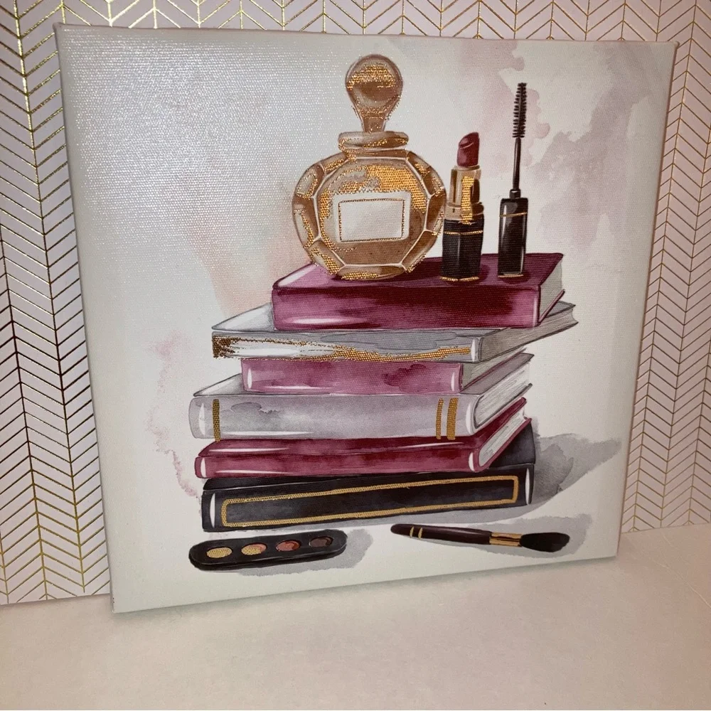 NEW Makeup and Books Canvas Wall Art Burgundy Gold Beauty Glam Home Decor